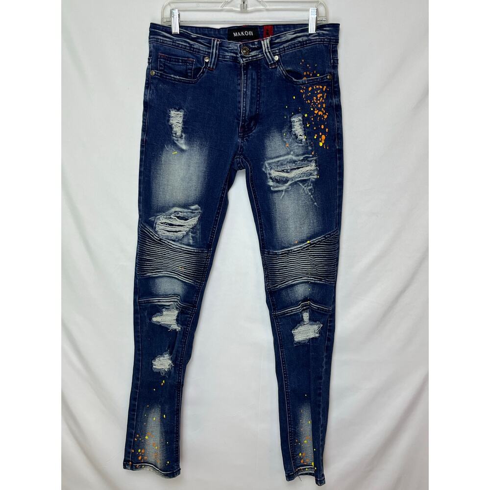 Makobi Men’s 32x32 Blue Cape Biker Streetwear Denim Dark Wash Jeans M1783